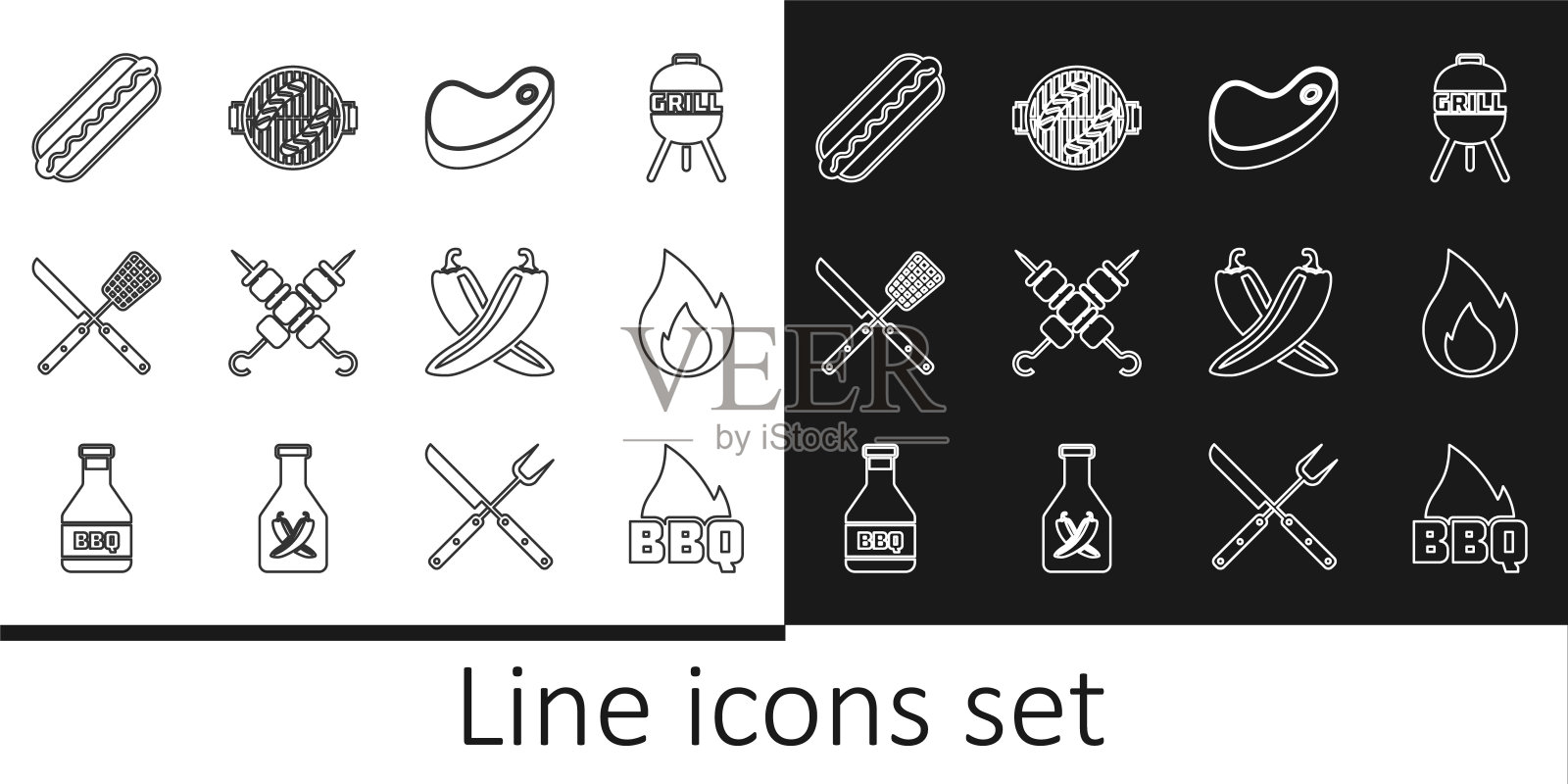 烧烤火焰，火，牛排肉，烤羊肉串，交叉刀和刮刀，热狗三明治，辣椒辣椒豆荚和烧烤与香肠图标。向量图标素材