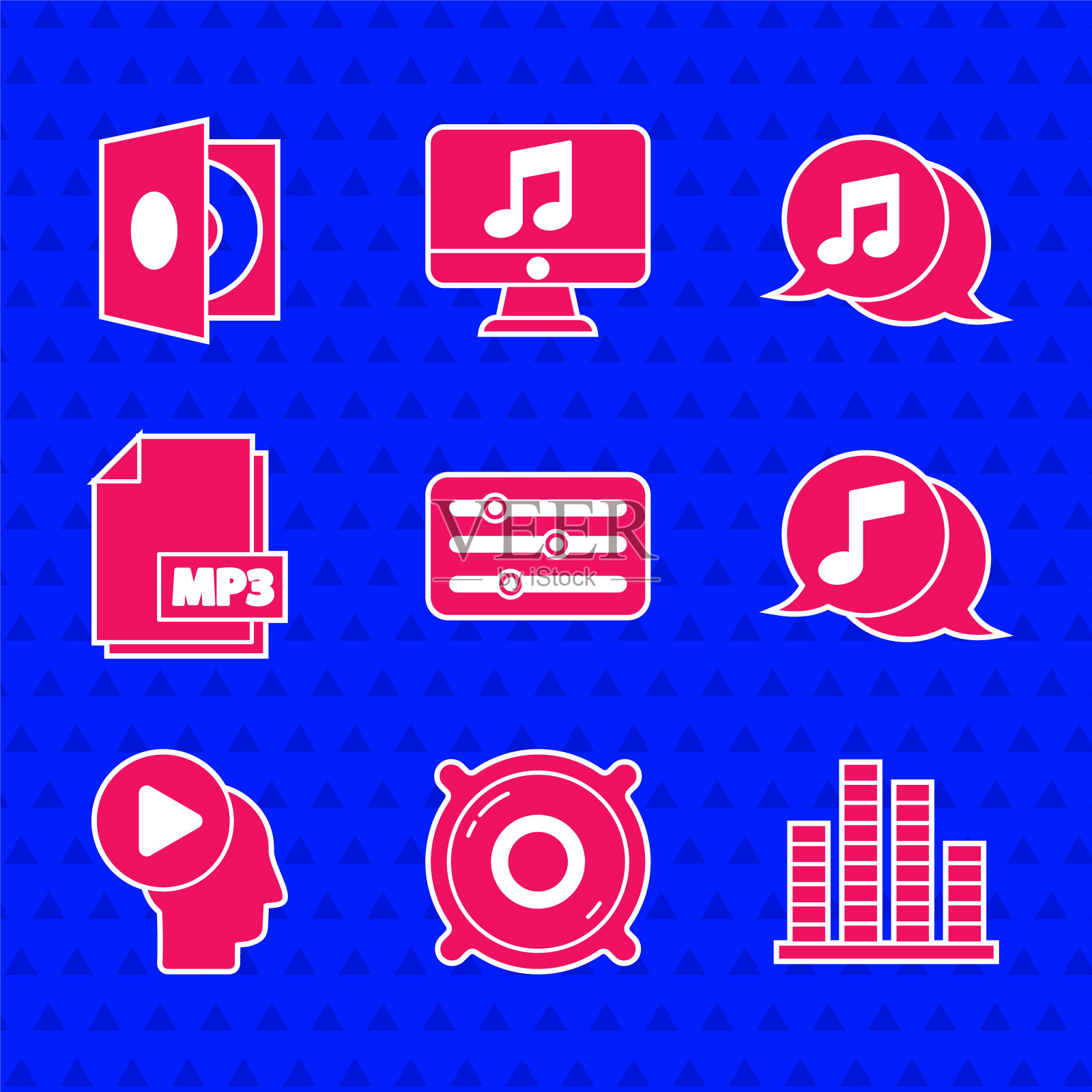 设置混音控制器，立体声扬声器，音乐均衡器，语音气泡中的音符，带播放按钮的头人，MP3文件文件，乙烯基播放器和乙烯基磁盘图标。向量图标素材