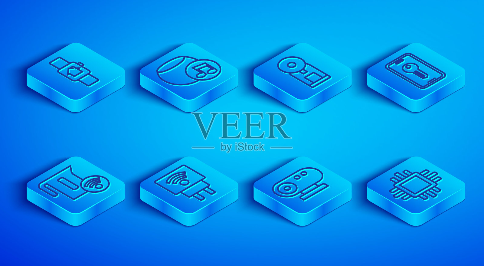 设有智能手表、语音助手、咖啡机、电插头、网络摄像头、钥匙、水壶、处理器CPU图标的智能家居。向量图标素材