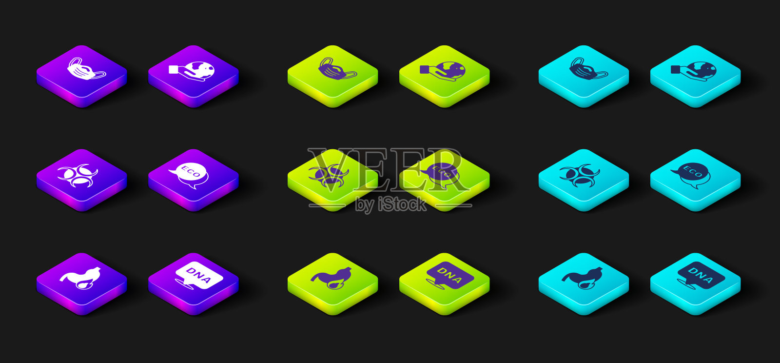 设置胃灼热、DNA符号、生物危害、生态健康食品标签、手持地球仪和医用防护口罩图标。向量图标素材