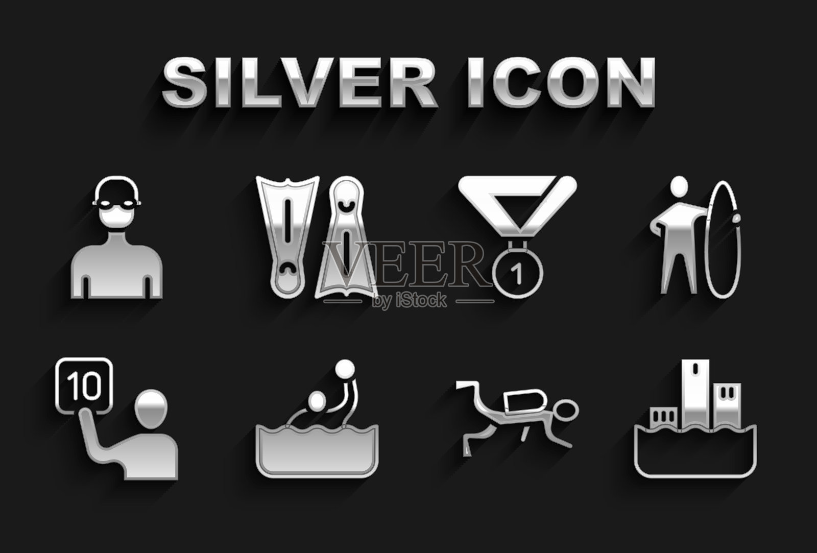 设置水球，冲浪板，冠军领奖台，水肺潜水员，评审的评估，奖牌，游泳运动员和鳍状肢为游泳图标。向量图标素材