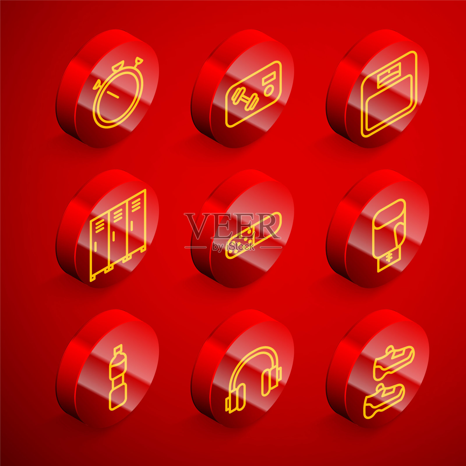 设置行秒表，健身俱乐部，健身房卡，浴室秤，储物柜或更衣，维生素药丸，拳击手套，瓶装水和耳机图标。向量图标素材