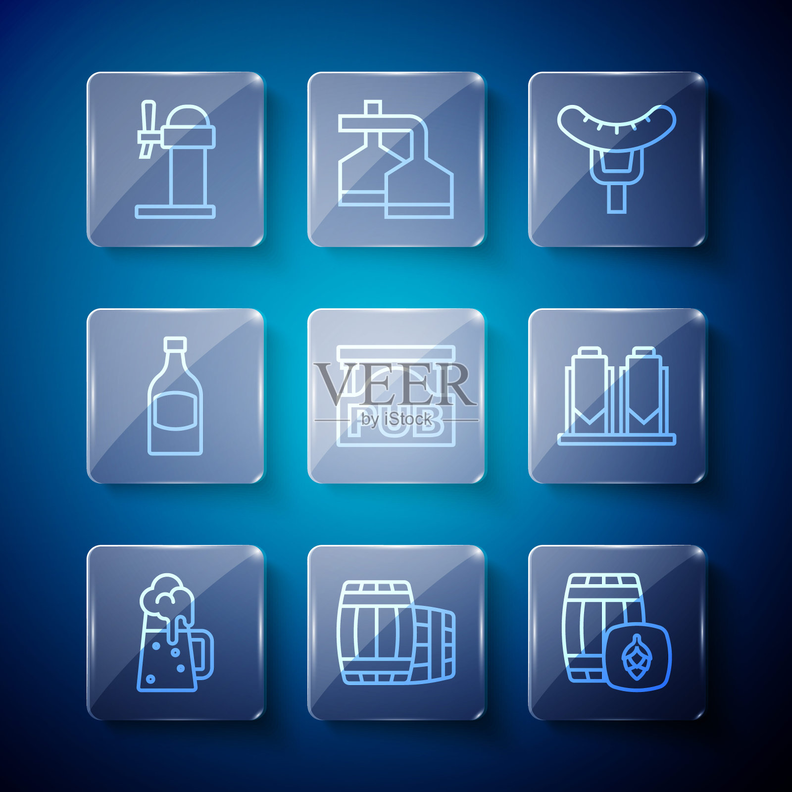 设置线木制啤酒杯，桶，叉子上的香肠，街头招牌与酒吧，啤酒瓶，饮水机和酿造过程的图标。向量图标素材