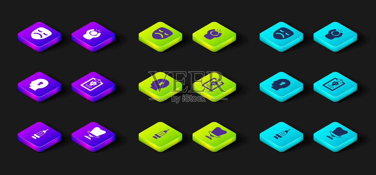 设置毒瘾，扶手椅，解决问题，心理学，Psi，愤怒和戏剧戏剧面具图标。向量图标素材