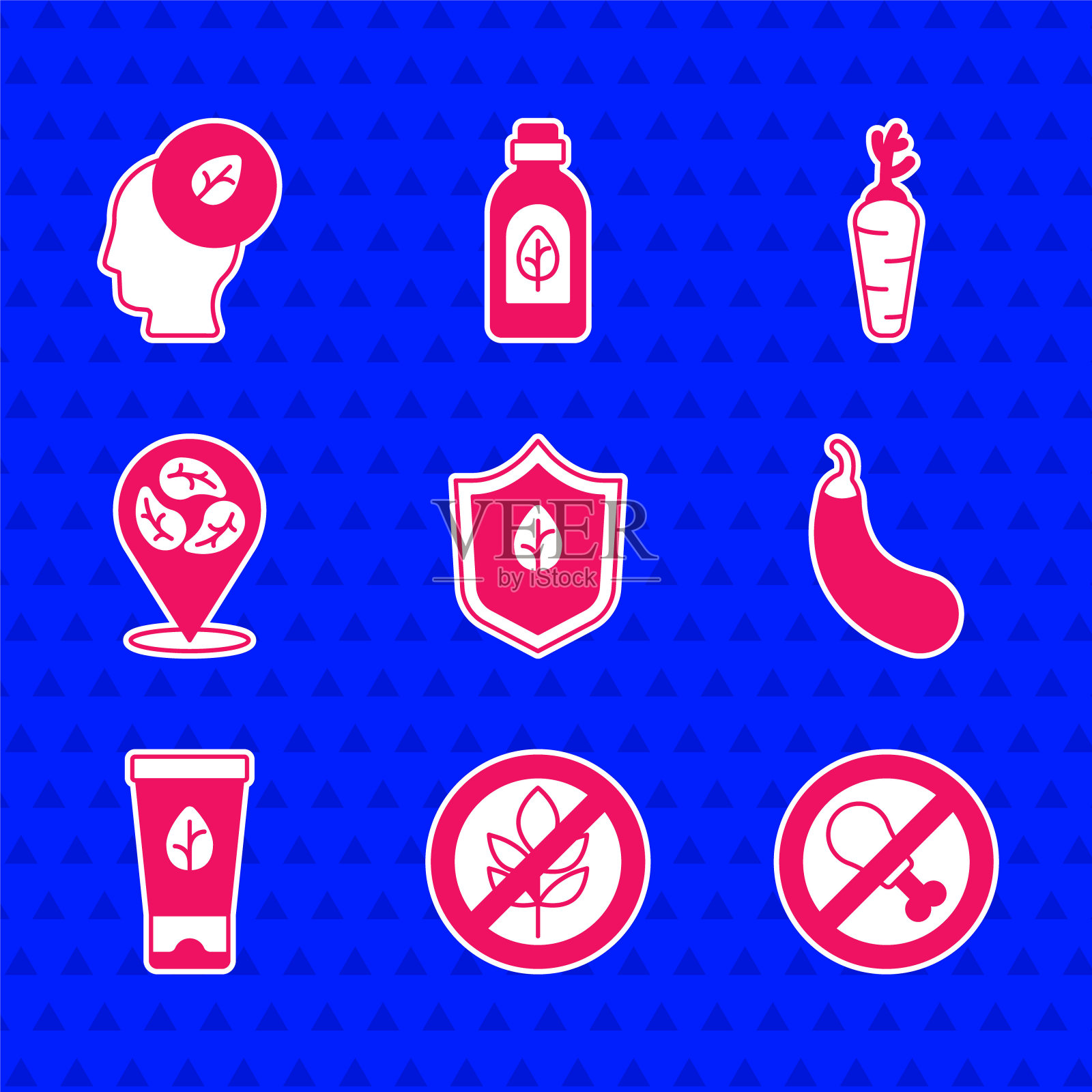 集素食饮食，无麸质谷物，无肉，茄子，有机化妆品，胡萝卜和人的头部与叶子里面的图标。向量插画图片素材