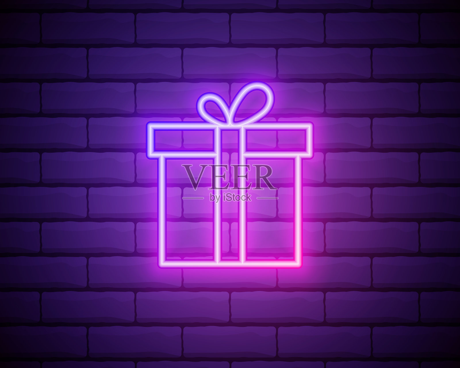 霓虹灯礼盒，圣诞和新年装饰。彩色节日套装霓虹礼品与蝴蝶结，轮廓风格。发光的图标，标志和符号的假日设计。矢量插图工具包。砖墙插画图片素材