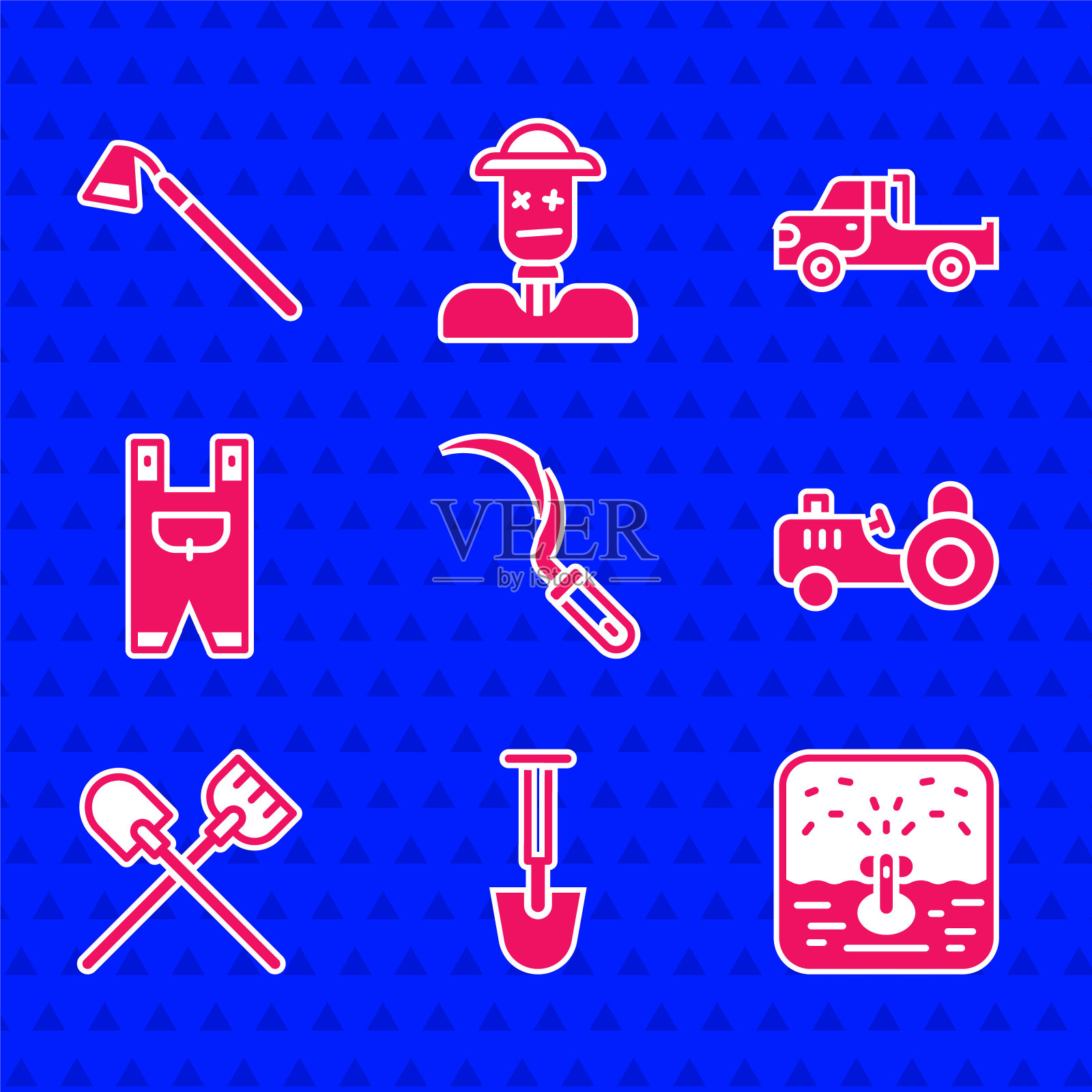 设置镰刀，铲子，自动灌溉洒水器，拖拉机，园艺工人的衣服，皮卡车和锄头图标。向量插画图片素材