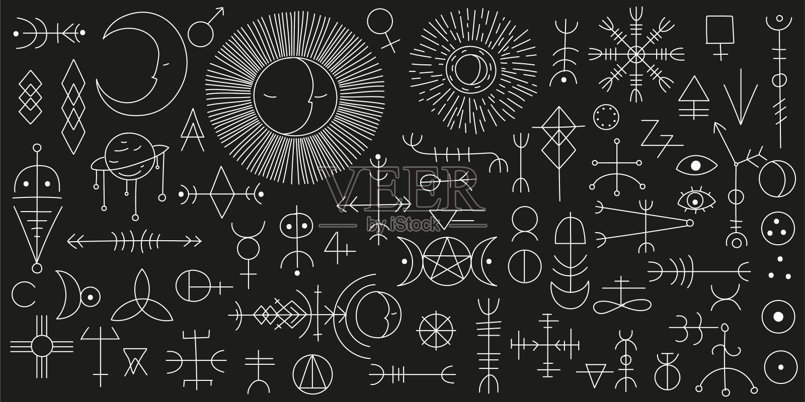 一大堆各种各样的魔法符号和符号。深奥的元素，魔法，巫术。手绘各种魔法物体。矢量插图。插画图片素材