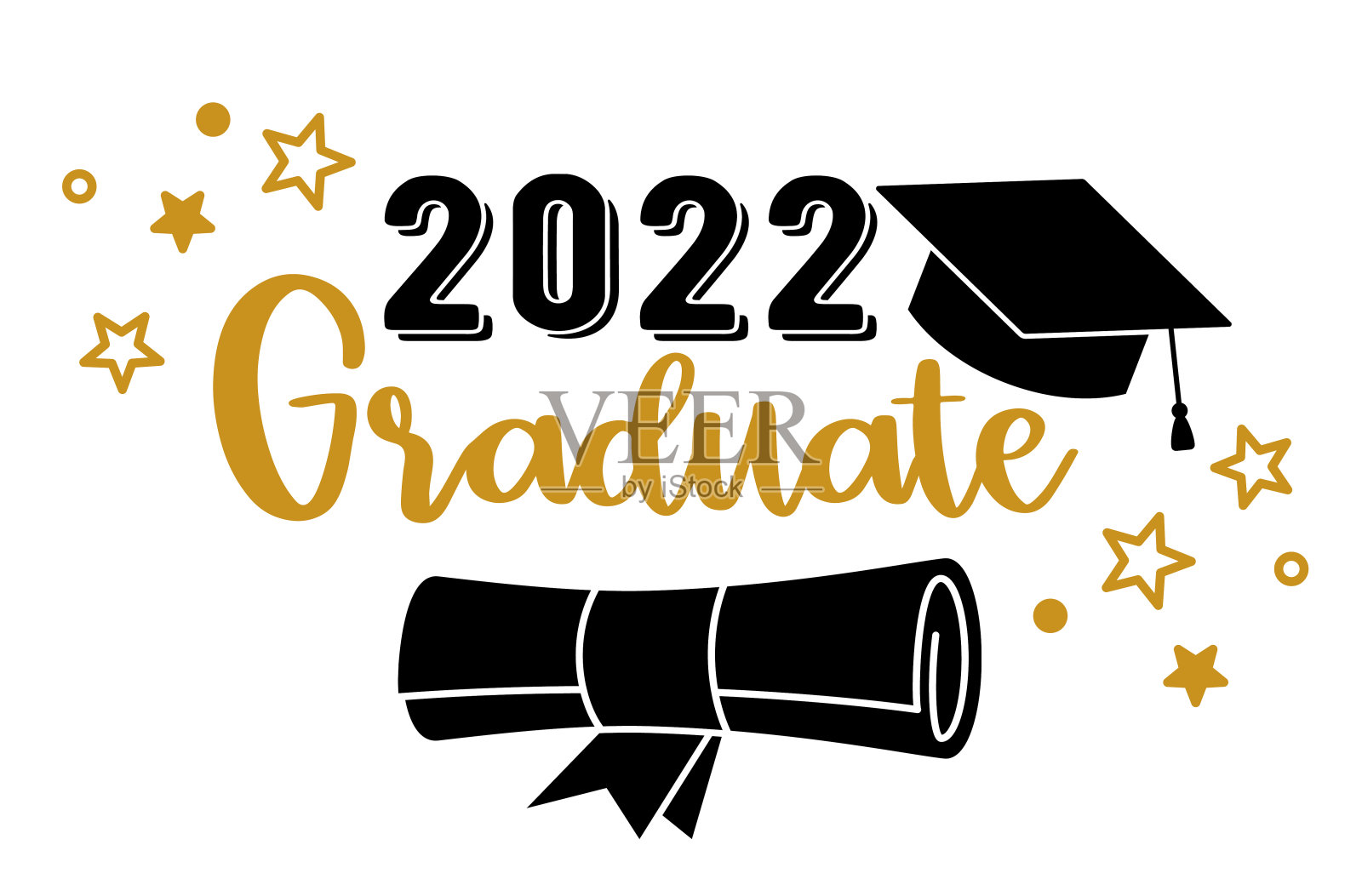 2022年毕业。新潮书法题字黑帽插画图片素材