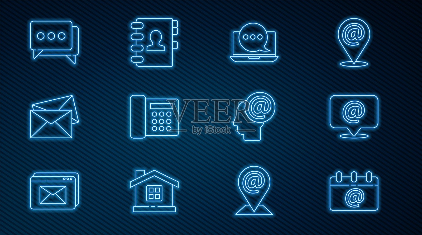 设置行日历与电子邮件，邮件和电子邮件，聊天消息通知笔记本电脑，电话，信封，语音气泡聊天，和地址簿图标。向量图标素材