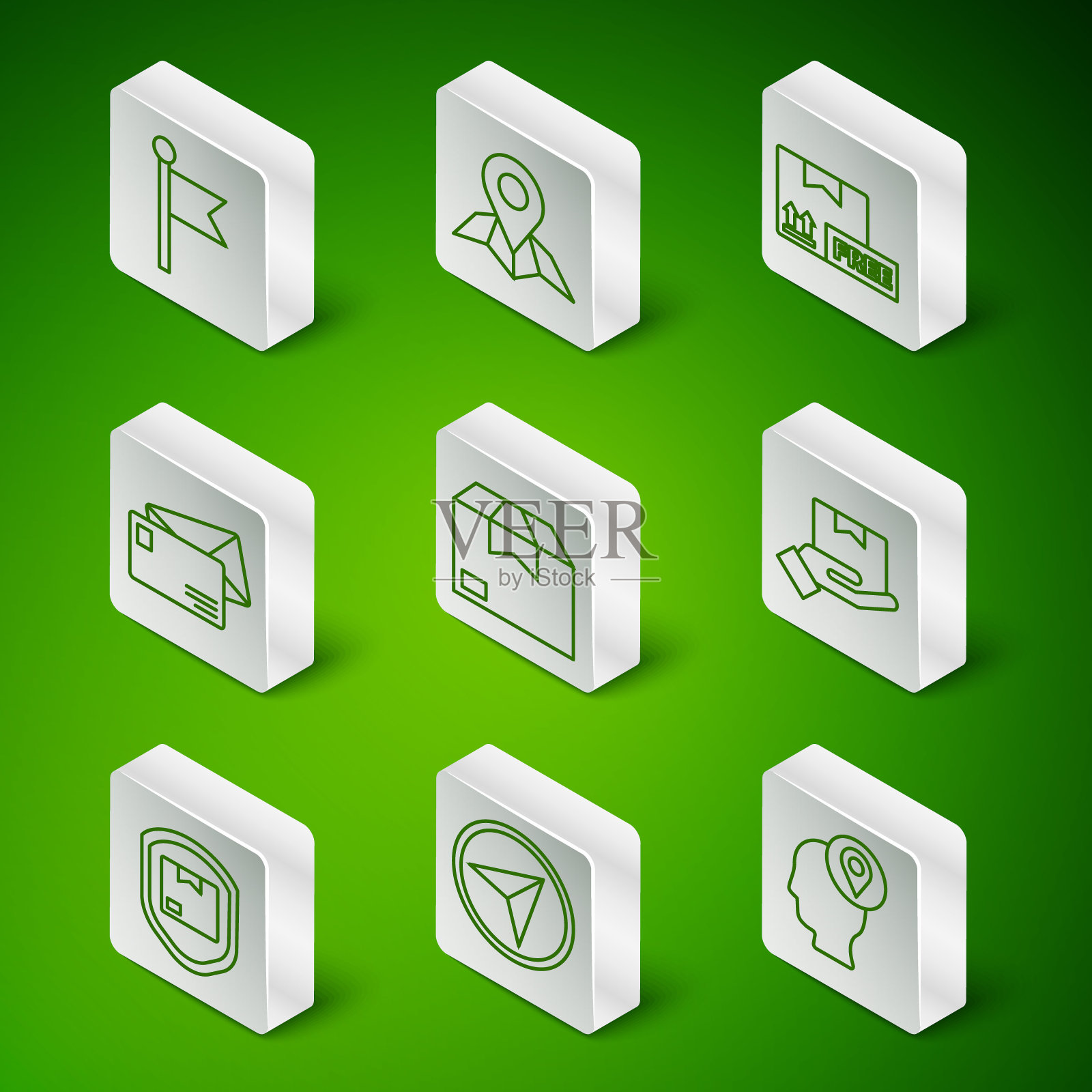 设置线送货员纸板盒，城市地图导航信息图，位置标记，纸箱，信封，占位纸，包装安全盾和手图标。向量图标素材