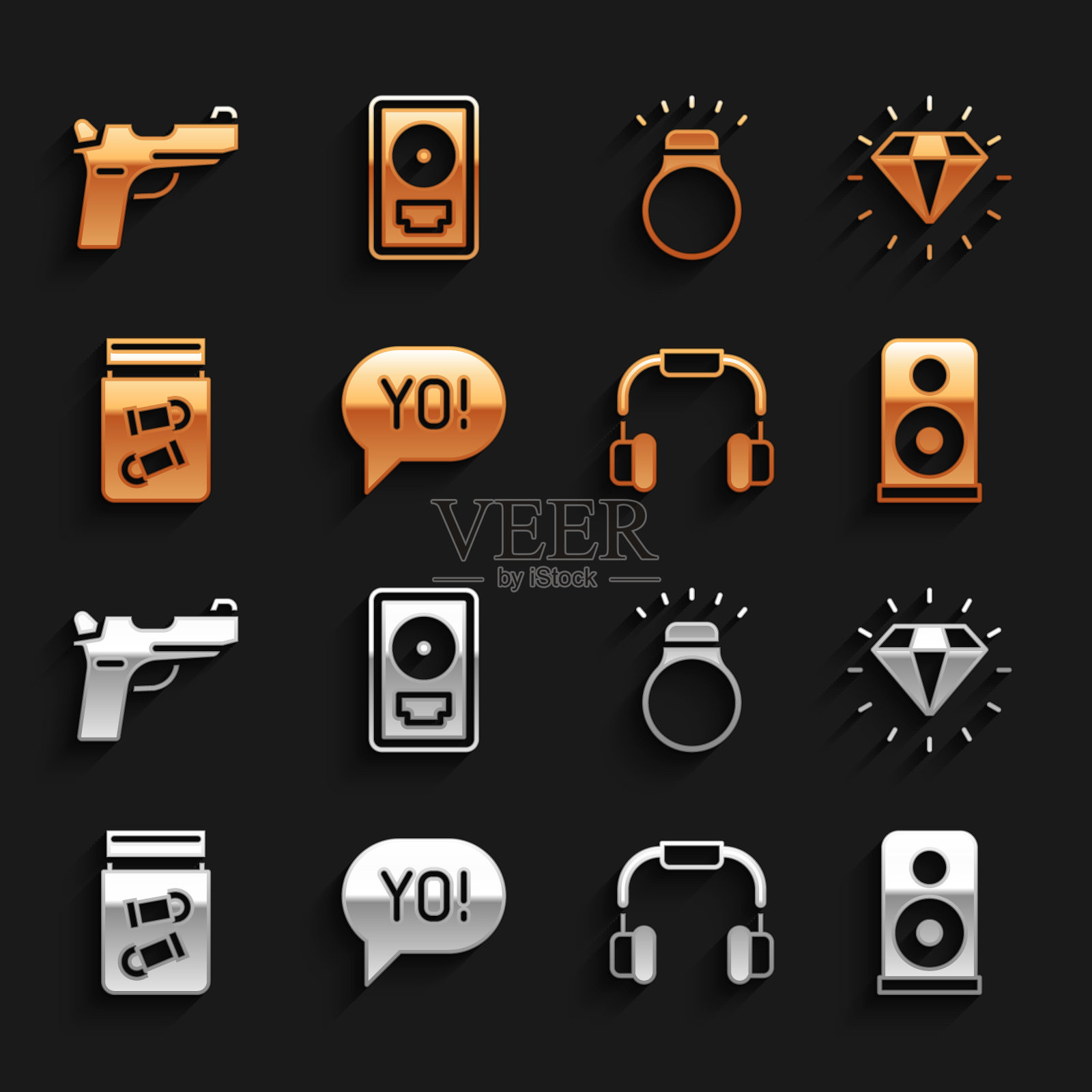 设置Yo俚语字母，钻石，立体声扬声器，耳机，子弹的证据袋，手枪或枪和CD盘奖励框图标。向量图标素材