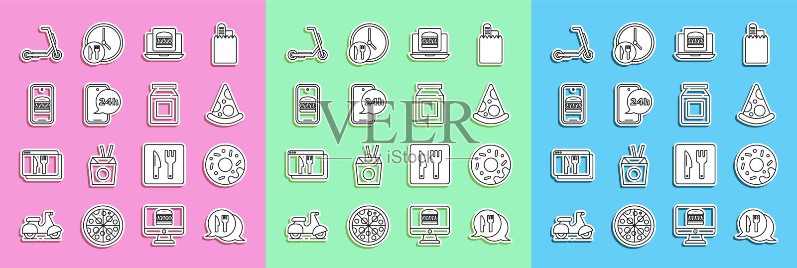 设置线咖啡厅和餐厅位置，甜甜圈，披萨片，在线订购汉堡送餐，食品，滑板车和图标。向量图标素材