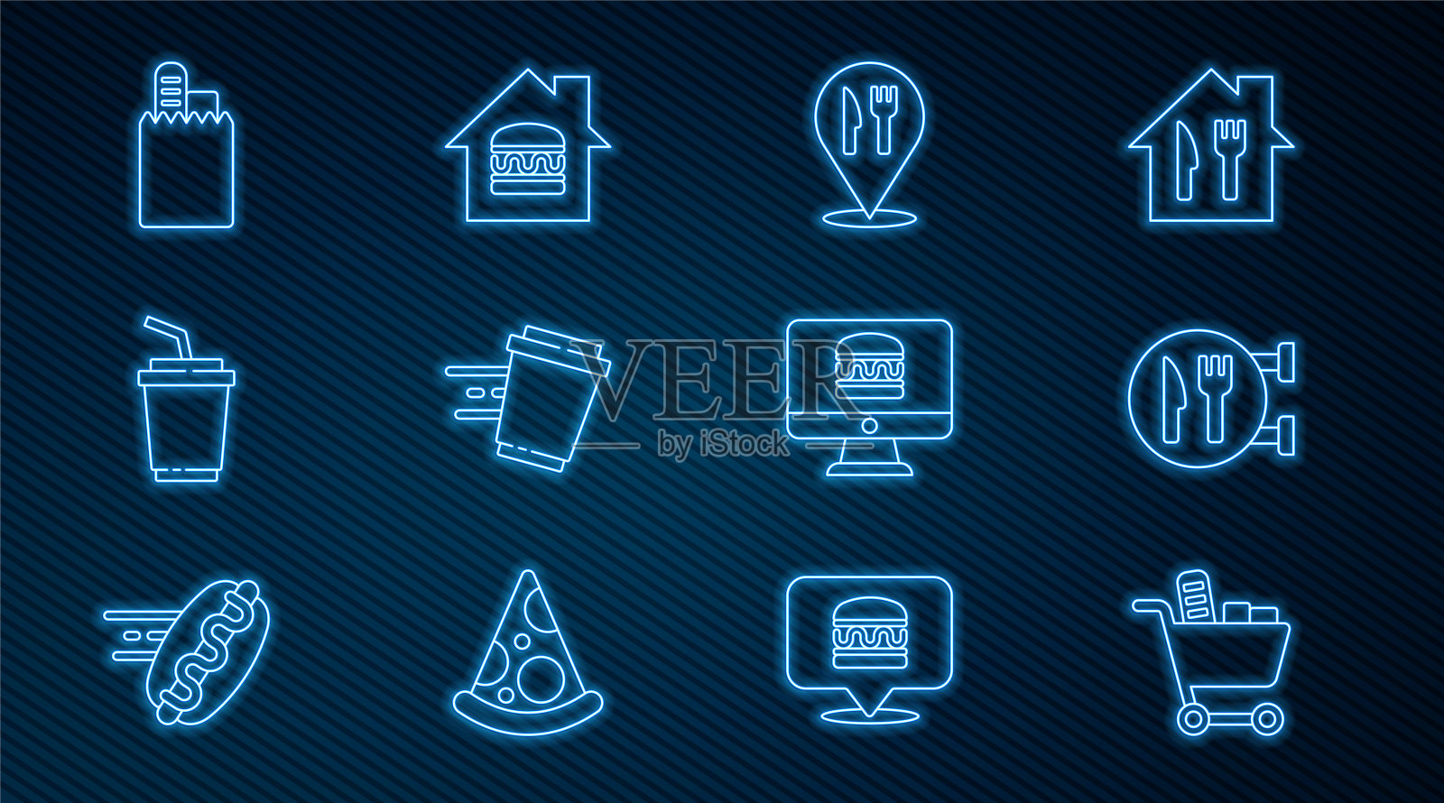 设置在线购物车和食品，咖啡厅餐厅的位置，咖啡杯去，纸杯带水，在线订购送货，和图标。向量插画图片素材