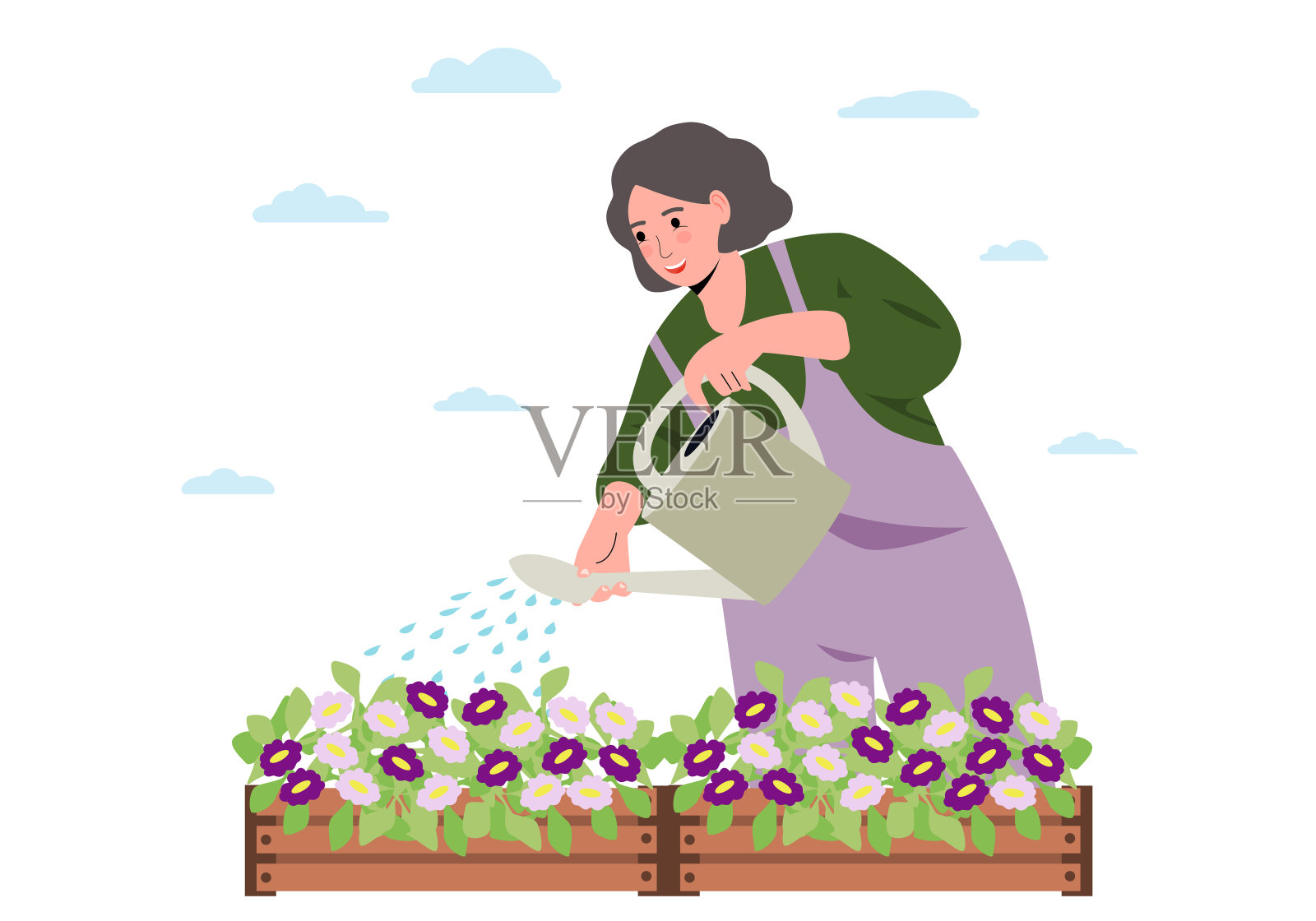 一位年轻女子正在用喷壶给植物浇水。在花园或农场工作的女孩。农民,园丁插画图片素材