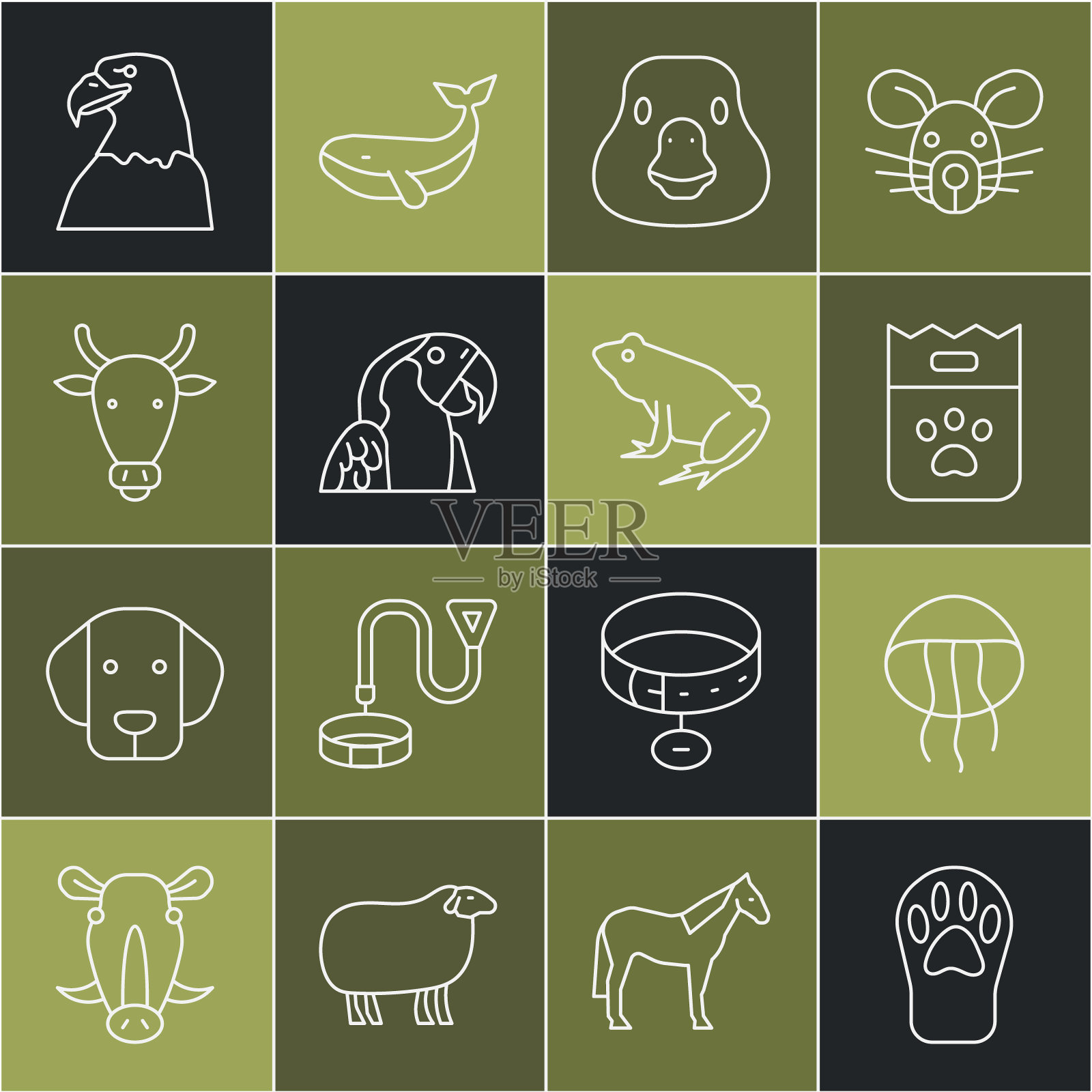 设置线爪印，水母，袋食物，鹅鸟，金刚鹦鹉，牛头，鹰和青蛙图标。向量插画图片素材