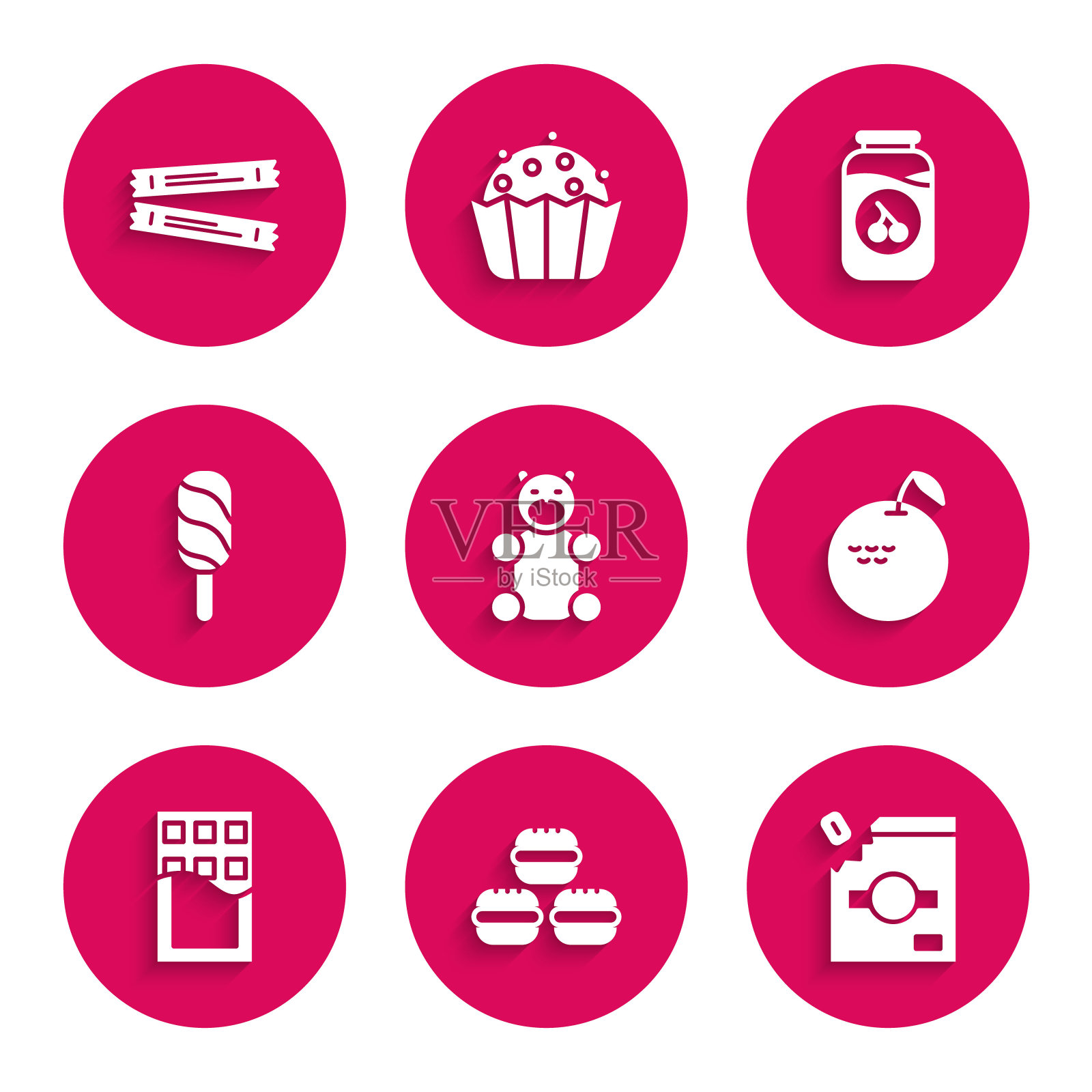 设置果冻熊糖果，马卡龙饼干，糖果包装糖果，苹果，巧克力棒，冰淇淋，樱桃果酱罐和糖棒包图标。向量图标素材