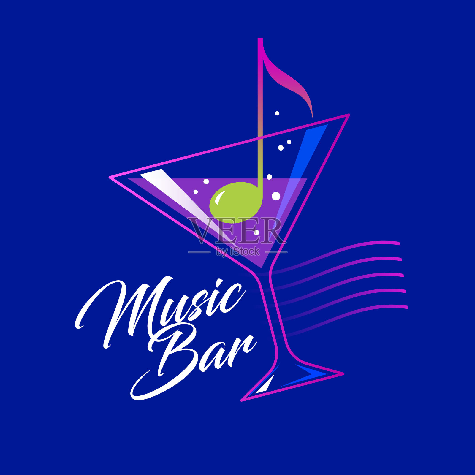 音乐酒吧图标。一杯鸡尾酒。在鸡尾酒杯中橄榄果的形式的音符。插画图片素材