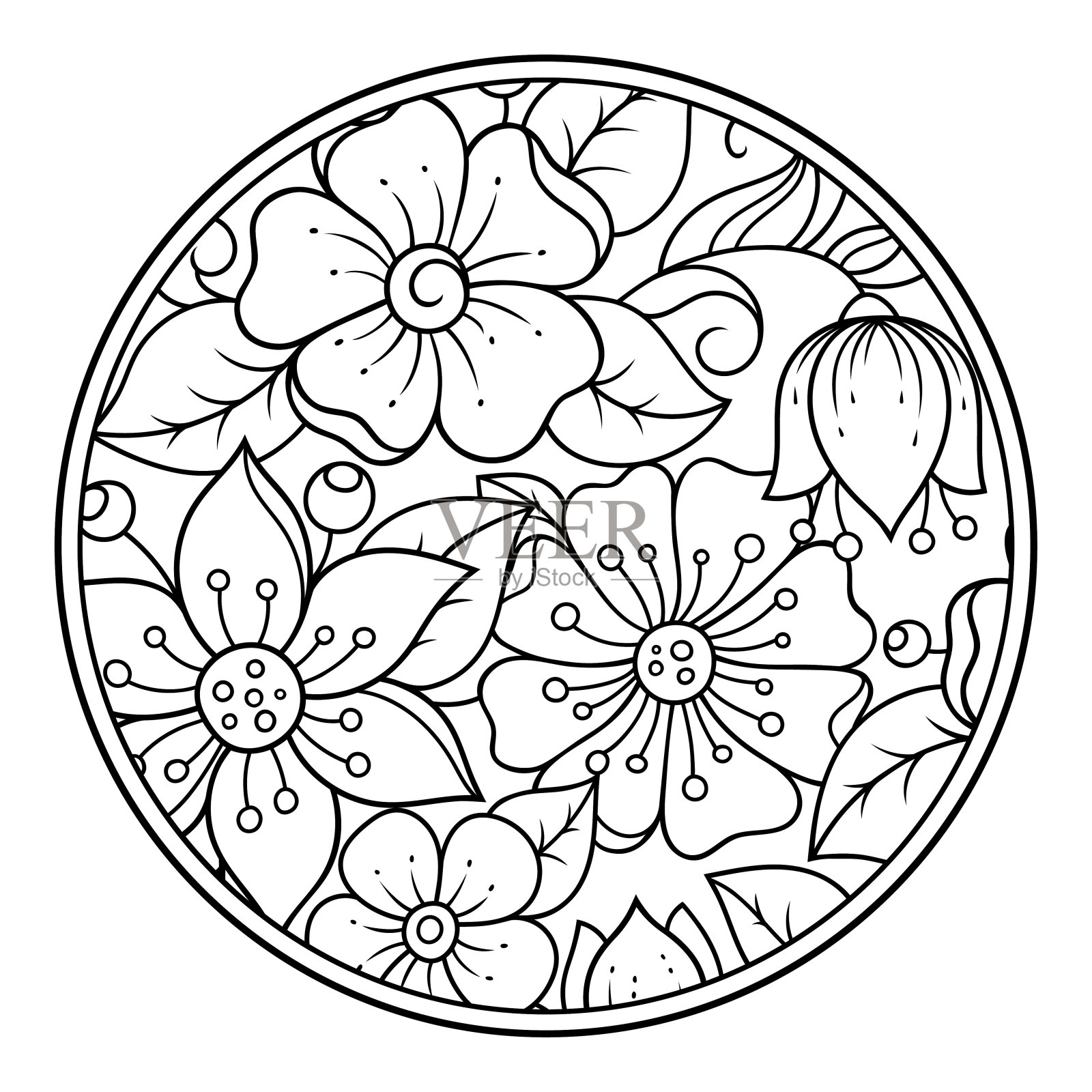 轮廓圆花图案在曼海蒂风格的着色书页。抗压力，适用于成人和儿童。涂鸦装饰在黑色和白色。手绘矢量插图。插画图片素材