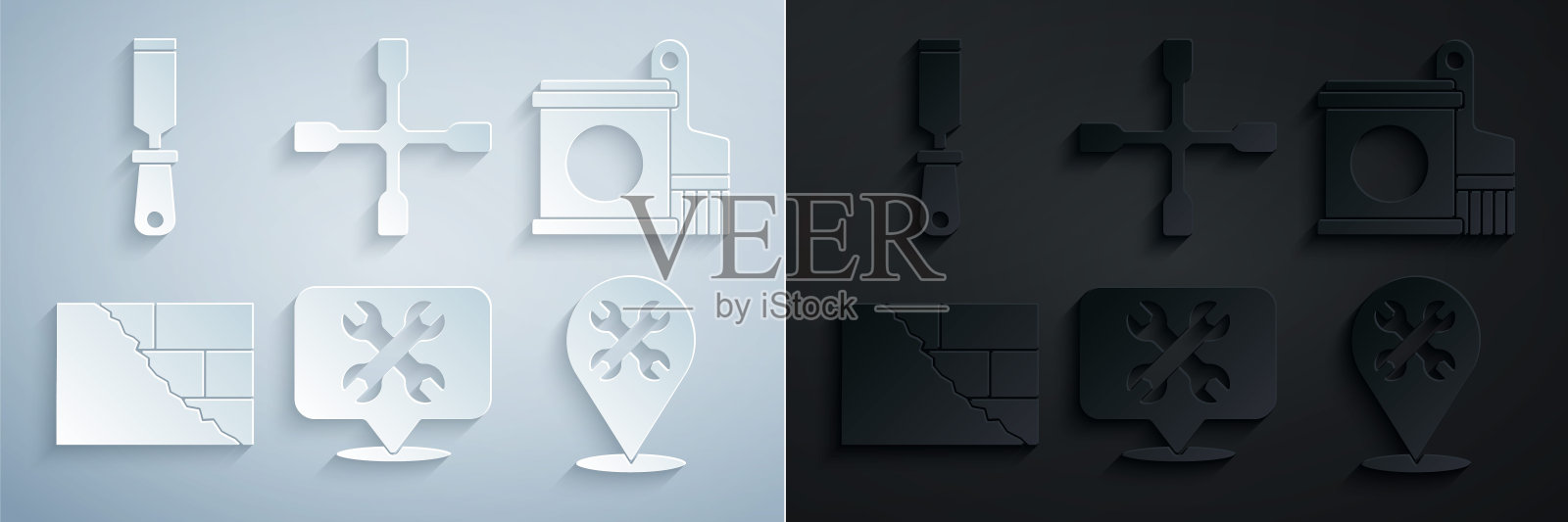 设置位置与扳手，油漆桶和刷子，砖，车轮和锉刀金属文件图标。向量图标素材