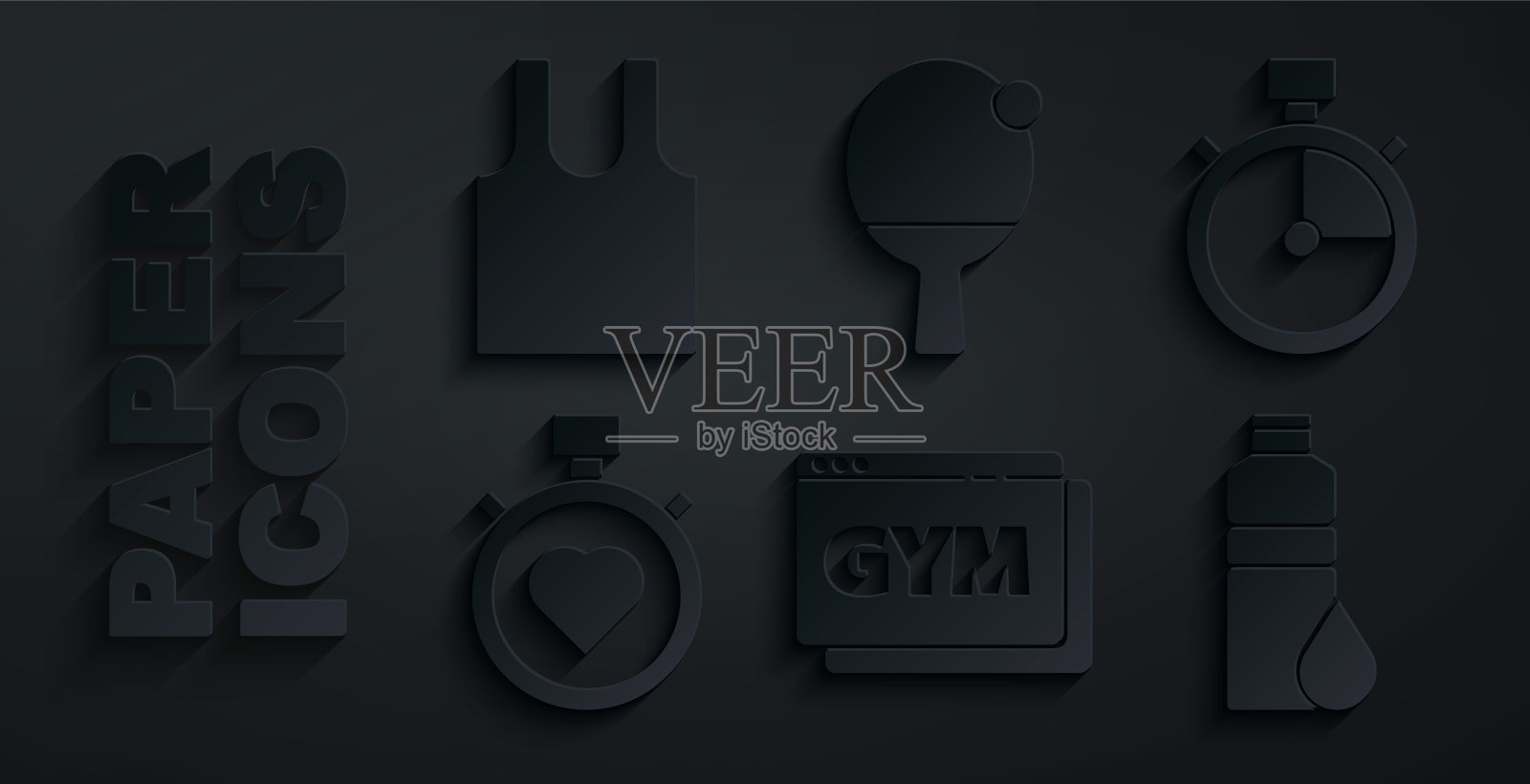 设置在线健身和训练，秒表，心脏中心秒表，健身摇床，球拍球和无袖t恤图标。向量图标素材