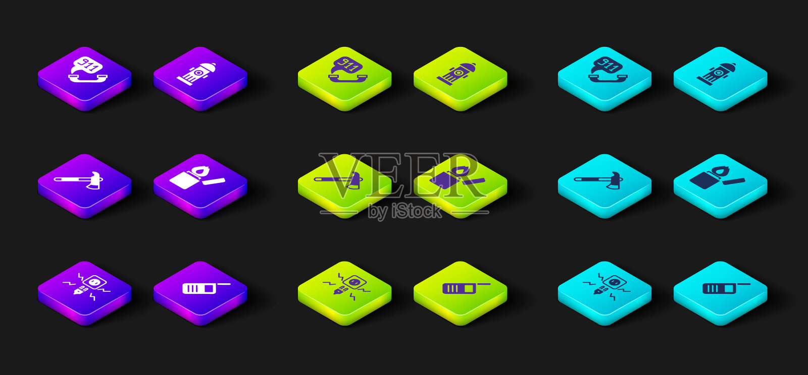 设置电火花，对讲机，消防斧，打火机，消防栓和电话拨打911图标。向量图标素材