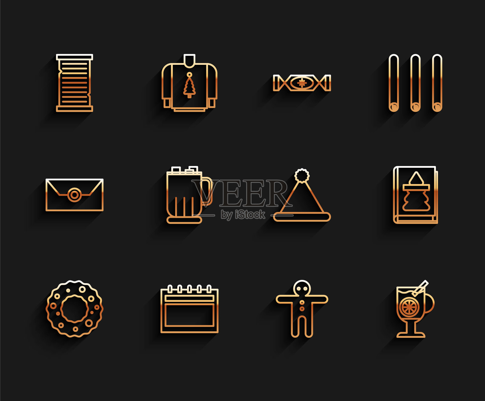 集行圣诞花环、日历、愿望清单模板、节日姜饼人饼干、热葡萄酒配杯饮料、热巧克力杯棉花糖、书和圣诞老人帽子图标。向量图标素材