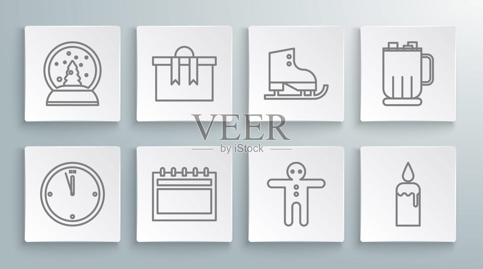 设置行时钟，礼品盒，日历，假日姜饼人饼干，燃烧的蜡烛烛台，花样滑冰，热巧克力杯棉花糖和圣诞雪球图标。向量图标素材