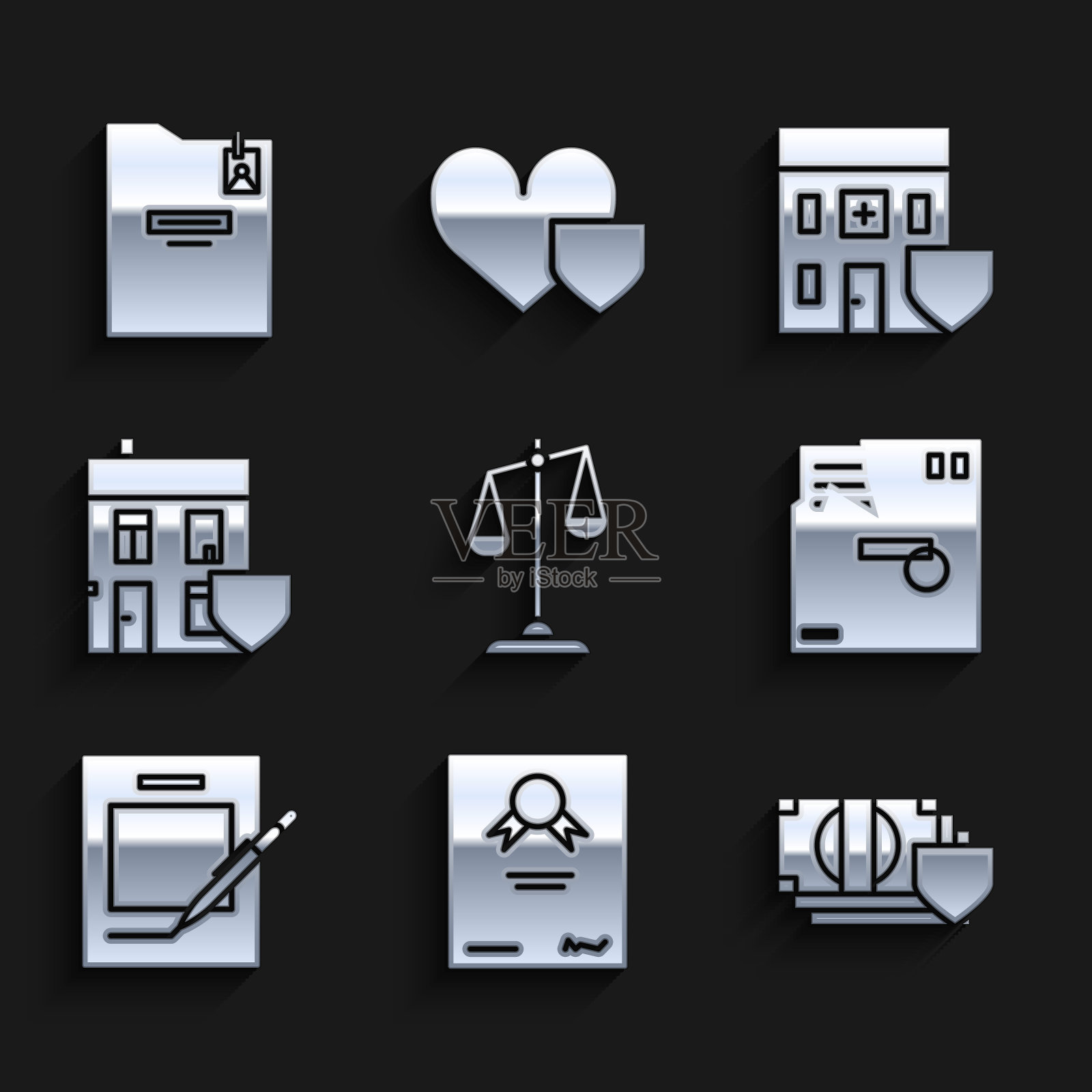 设置正义天平，证书模板，金钱盾，订购信封，空白笔记本和钢笔，房子，医院大楼和个人文件夹图标。向量图标素材