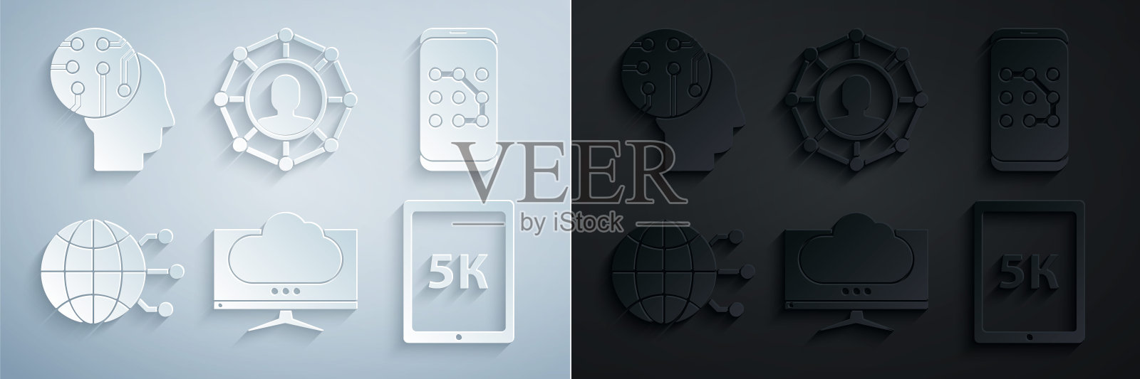 设置电脑显示器屏幕，移动和图形密码保护，全球科技社交网络，平板电脑文本5k，项目团队基地和人脑数字电路板图标。向量插画图片素材