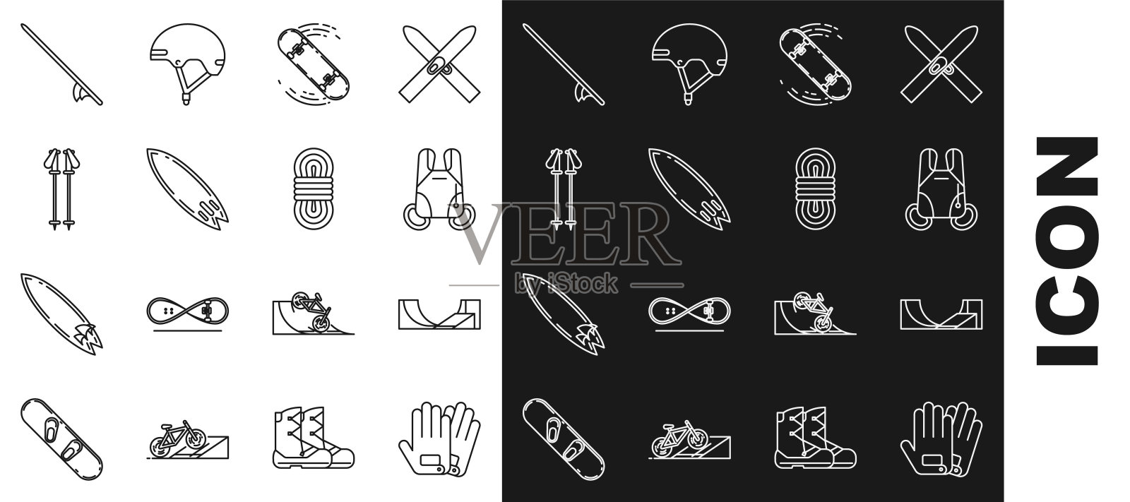 设置线手套，滑冰公园，降落伞，滑板技巧，冲浪板，滑雪杆，和攀登者绳索图标。向量图标素材