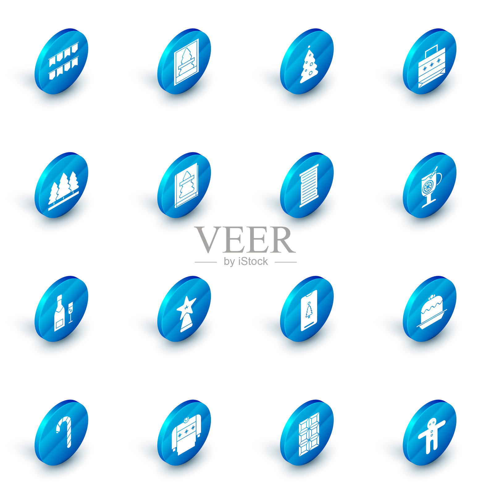 设置圣诞明信片，圣诞树与装饰，纸购物袋，树，香槟瓶和香槟，书，热葡萄酒饮料和愿望清单模板图标。向量图标素材