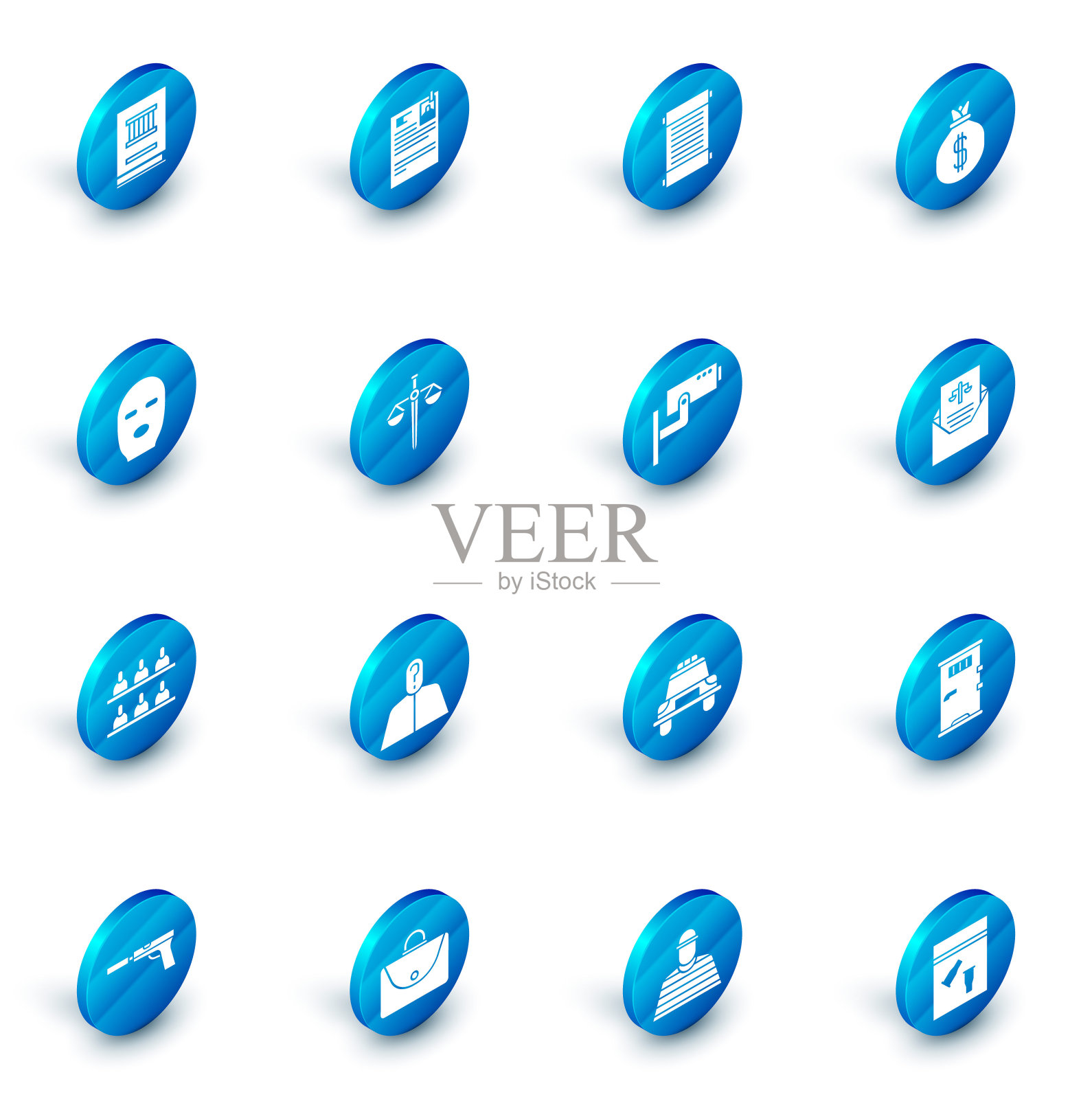 设置诉讼纸，法令，纸，羊皮纸，卷轴，钱袋，小偷面具，陪审员，正义的天平，传票和安全摄像头图标。向量图标素材