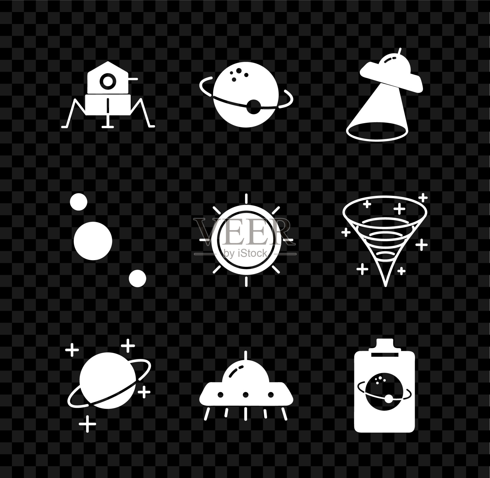 设置火星探测器、行星、UFO飞行飞船、太阳系和太阳图标。向量图标素材