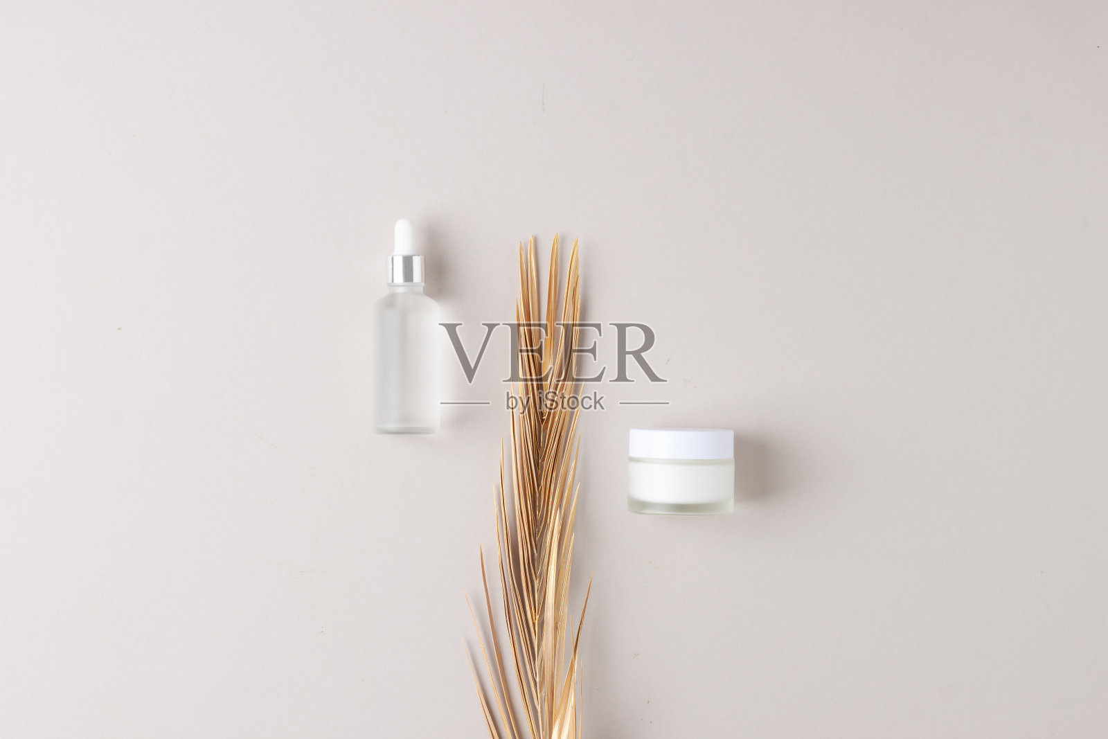 极小的成分与化妆品皮肤护理产品和棕榈叶在灰色背景。平躺照片摄影图片