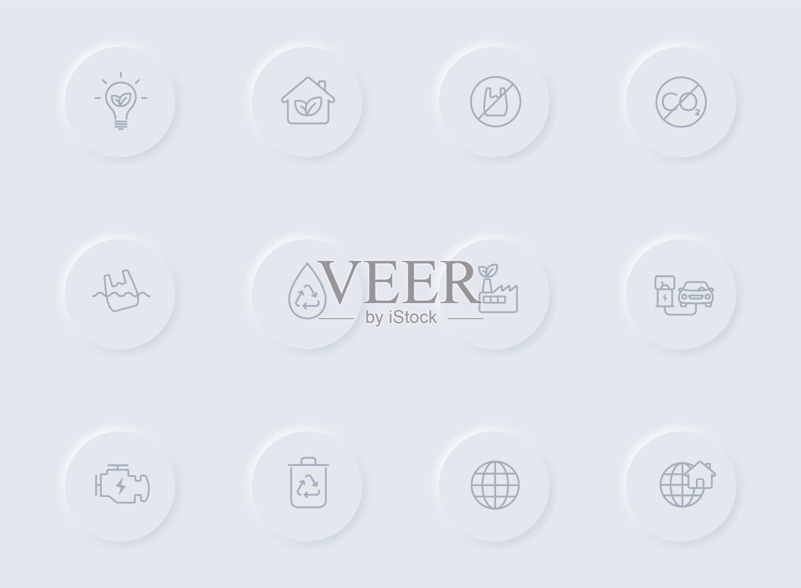 生态灰色矢量图标上圆形橡胶按钮。生态图标设置为web，移动应用程序，UI设计和促销业务测谎图标素材