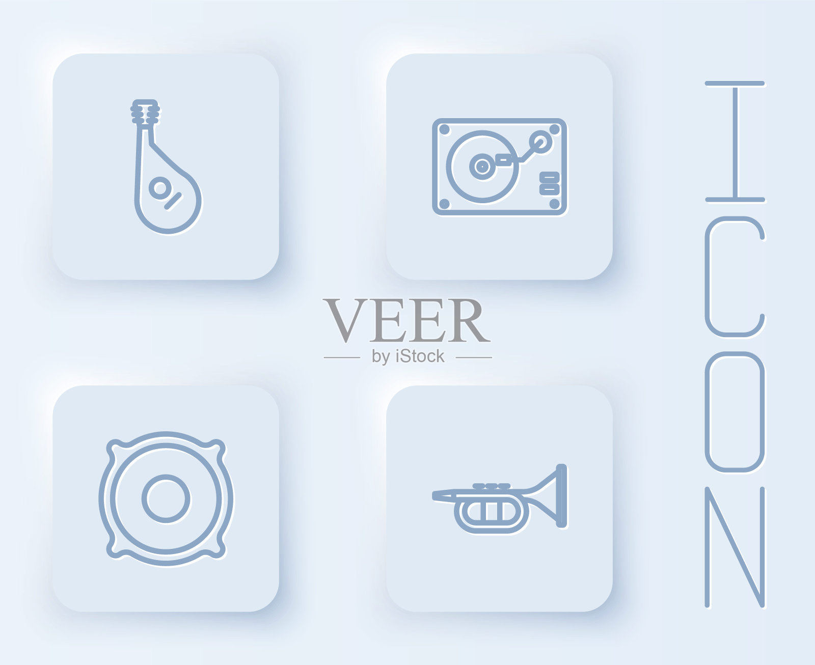 设置线班杜拉，乙烯基播放器与乙烯基磁盘，立体声扬声器和小号。白色正方形按钮。向量插画图片素材