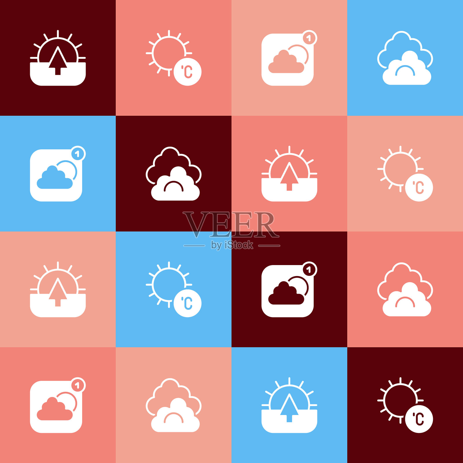 设置流行艺术日出，天气预报应用程序和云图标。向量图标素材