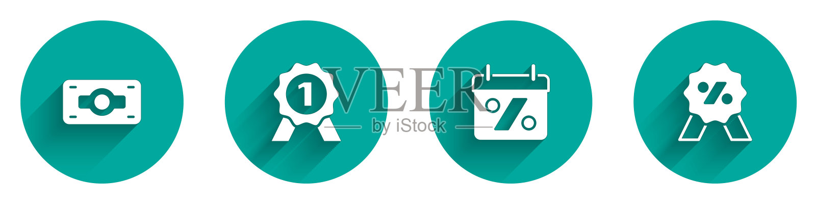 纸币现金堆、奖牌、折扣标签长阴影图标矢量素材图标素材