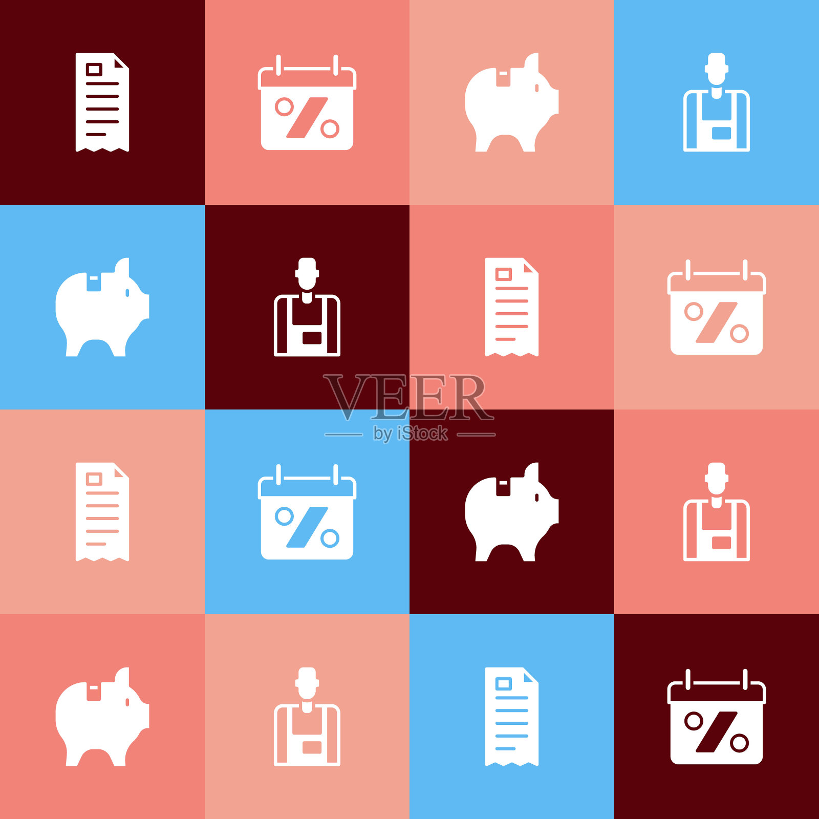 设置波普艺术财务支票，折扣百分比标签，储蓄罐和卖家图标。向量插画图片素材