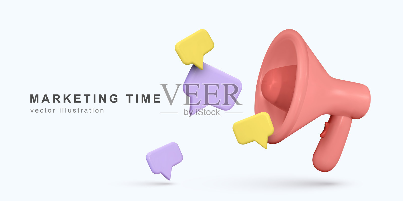 营销时间概念，逼真的3d扩音器，扬声器。矢量插图。插画图片素材
