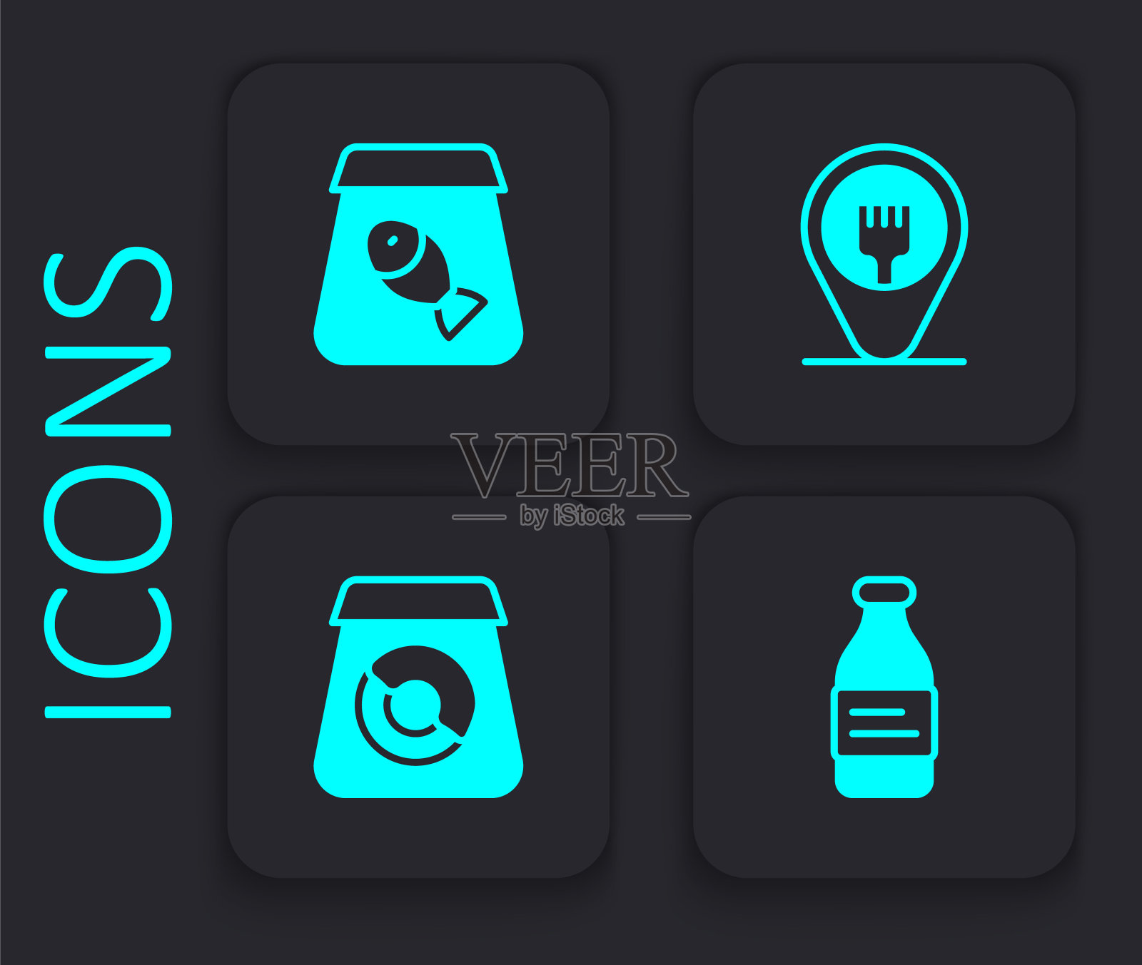 设置瓶装水，在线订购鱼，咖啡馆和餐厅的位置和食物图标。黑色方形按钮。向量图标素材