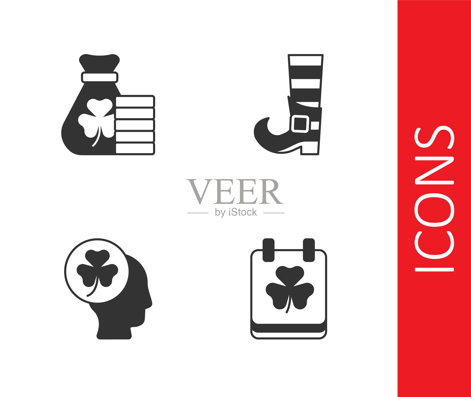 设置圣帕特里克日日历，钱袋三叶草，头三叶和妖精靴子图标。向量图标素材