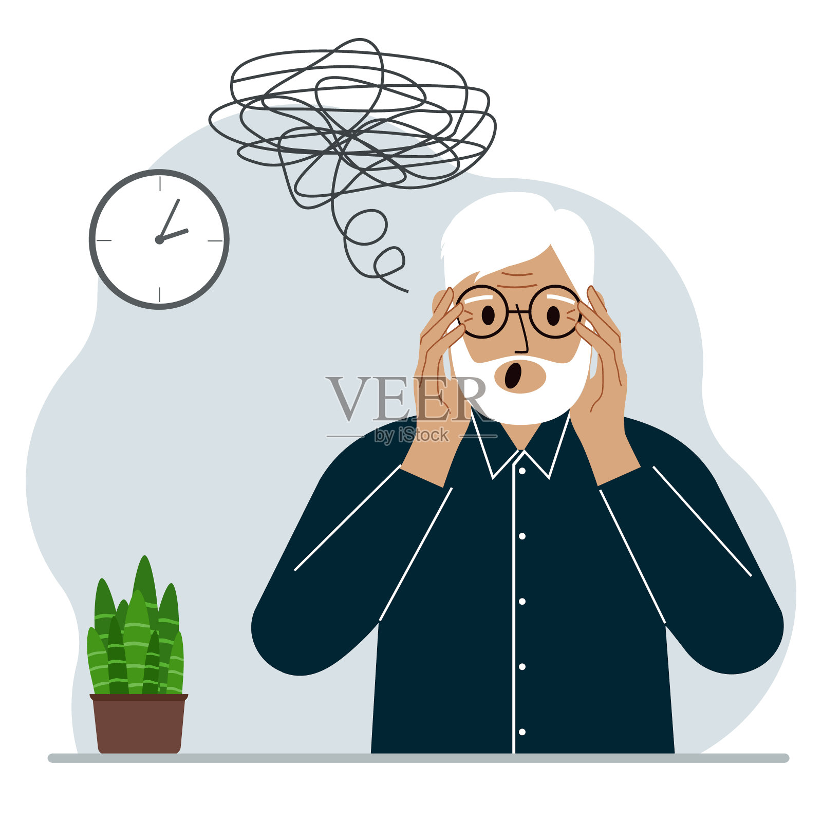 不好的想法的概念。祖父在经历了负面事件、不开心、痛苦、悲伤、抑郁之后，会感到抑郁。插画图片素材