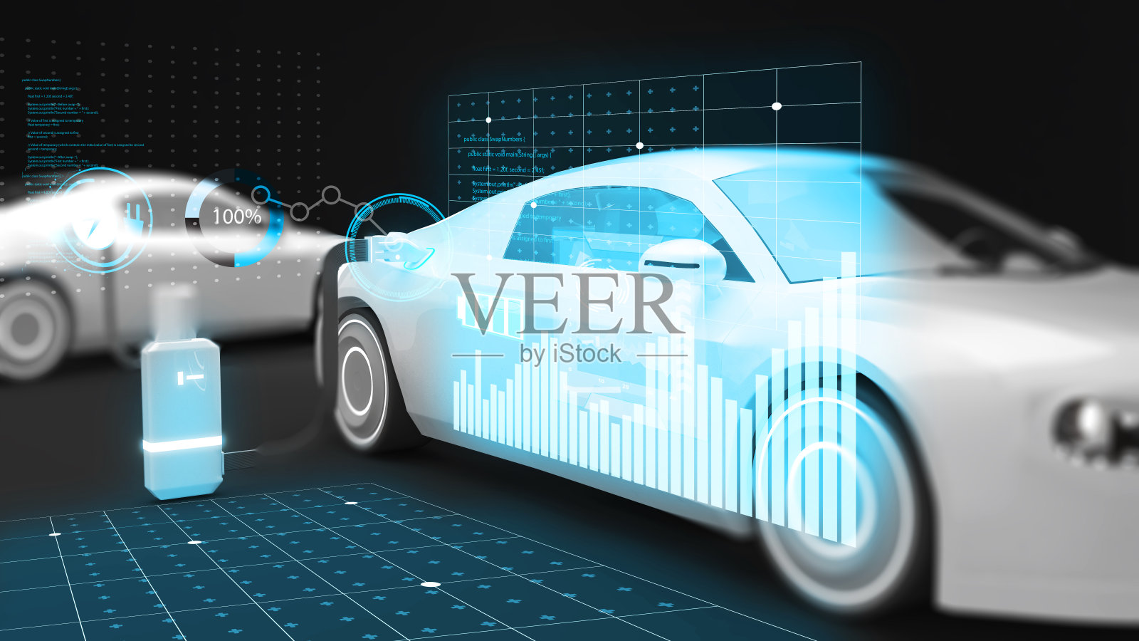 技术屏幕显示充电结果和电动汽车系统。、新能源概念智能汽车电池充电器、电动汽车充电站、3d渲染照片摄影图片