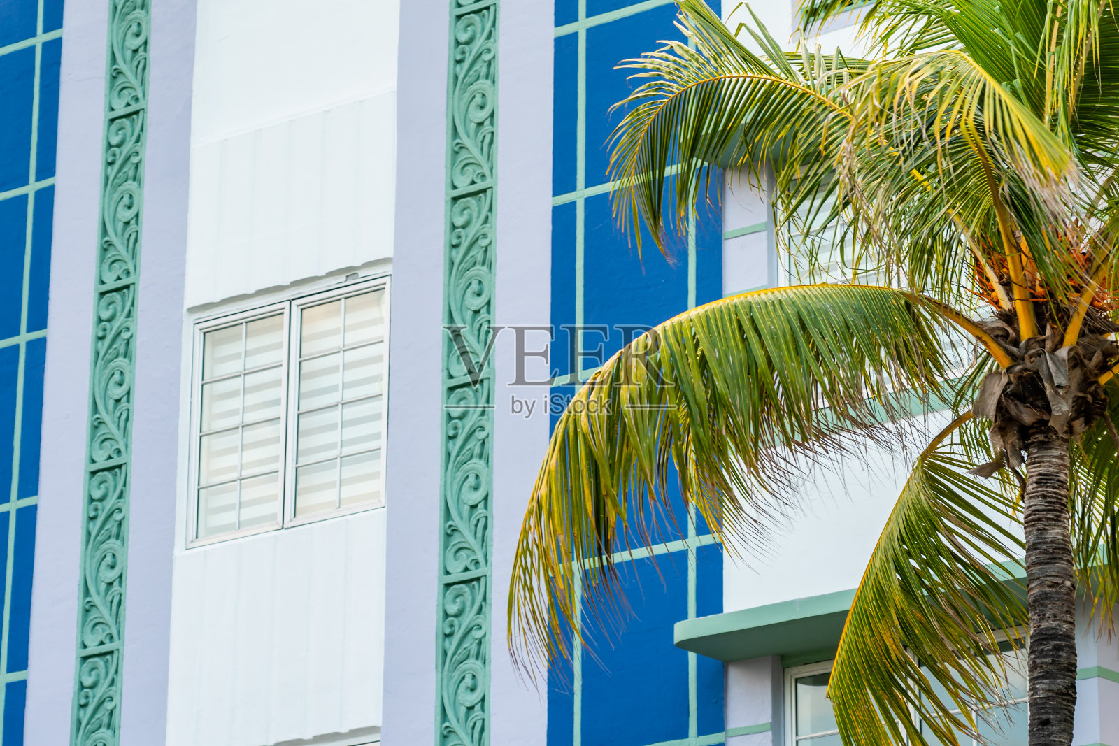 美国佛罗里达州迈阿密南海滩的海洋大道上，典型的彩色装饰艺术建筑与热带棕榈树的特写照片摄影图片