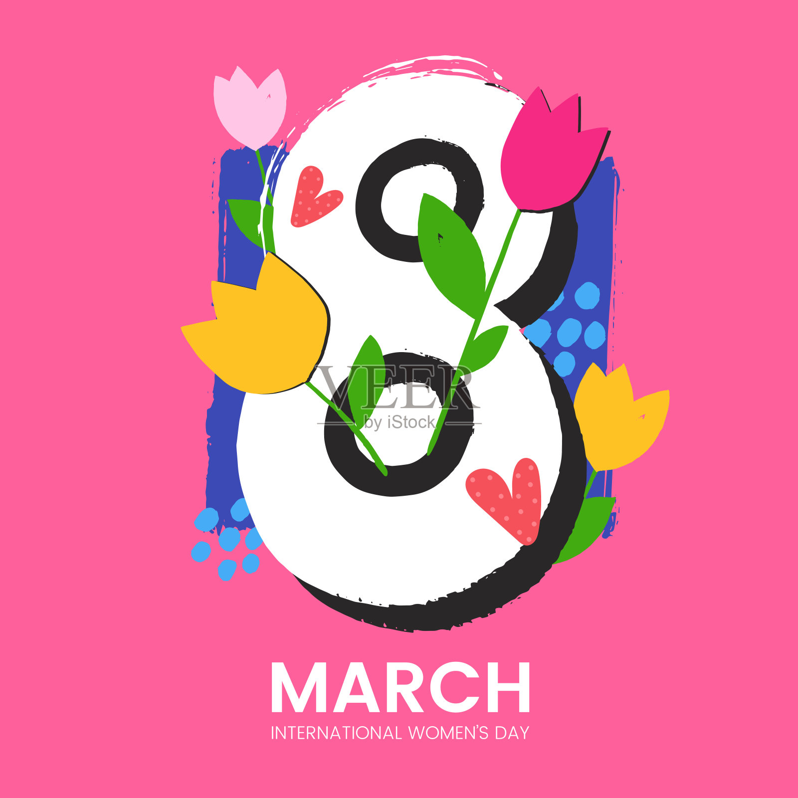 3月8日贺卡设计在创造性的艺术风格。国际妇女节装饰海报手绘元素。适用于社交媒体，宣传，横幅，印刷。矢量插图。插画图片素材