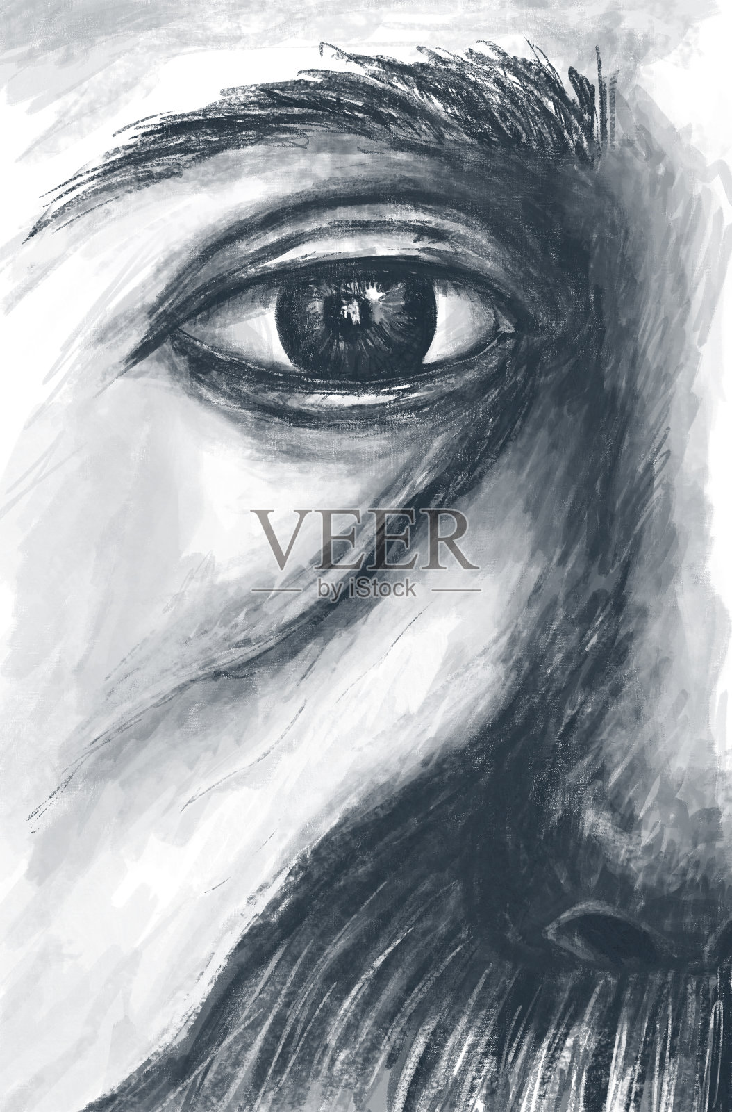 胡子老头的半肖像。黑白炭笔数码绘画，插图插画图片素材