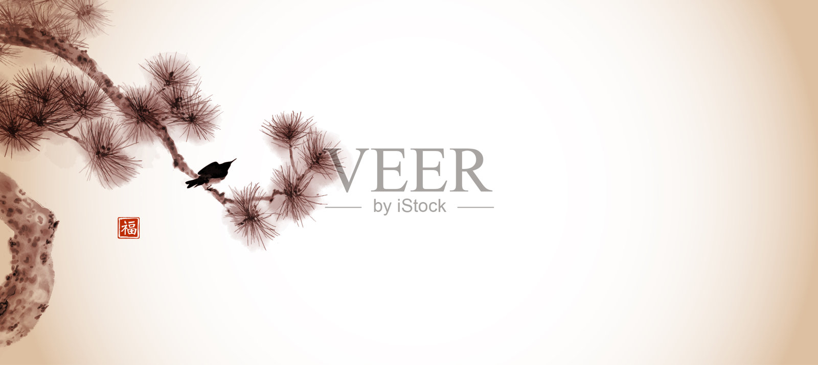 小鸟和松树的复古风格。传统的东方水墨画:美锷、玉心、围棋。象形文字的翻译——幸福插画图片素材