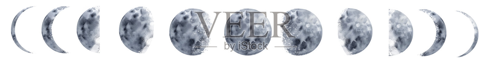 月亮的相位设置水彩插图手绘在孤立的背景。一幅神奇而迷人的地球太空卫星图像。墙艺术。水平的海报。室内绘画。插画图片素材